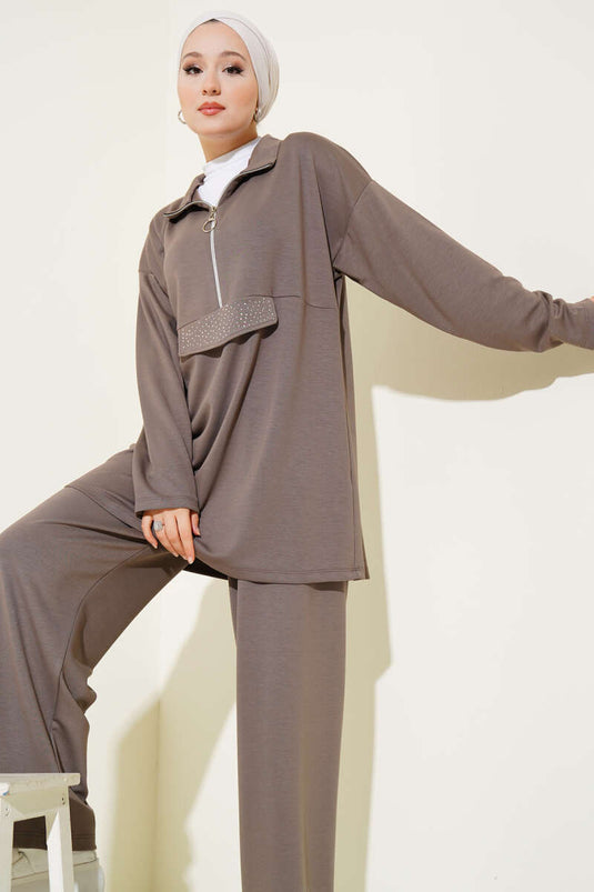 بدلة لويزا نصف سحاب من قطعتين من قماش المنك