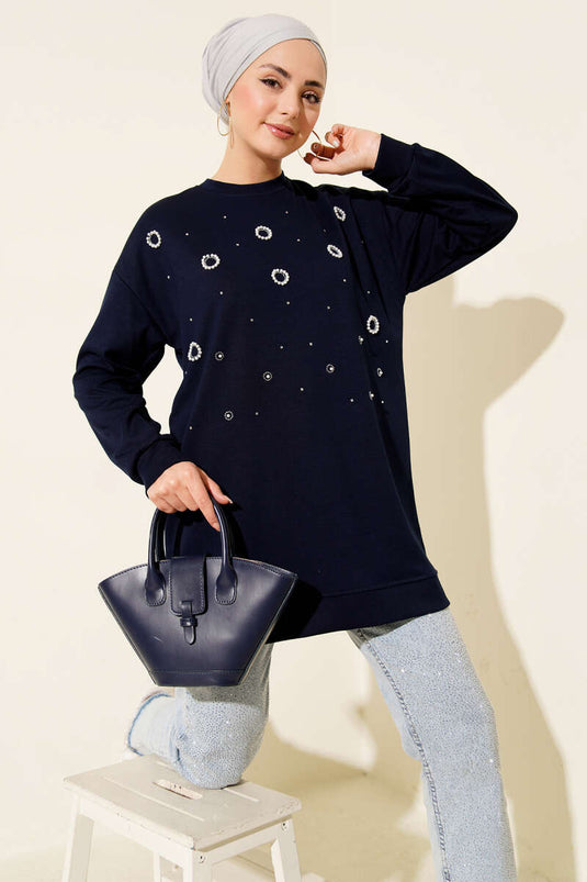 Loyşa Round Pearl Tunic Navy Blue