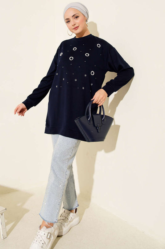 Loyşa Round Pearl Tunic Navy Blue