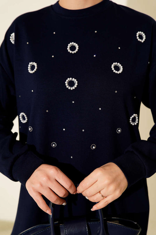 Loyşa Round Pearl Tunic Navy Blue