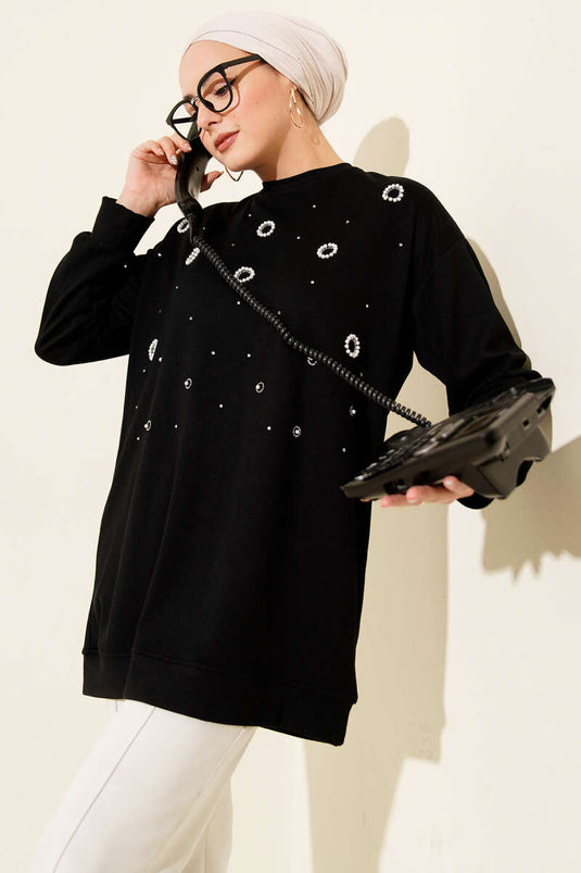 Loyşa Yuvarlak İncili Tunik Siyah