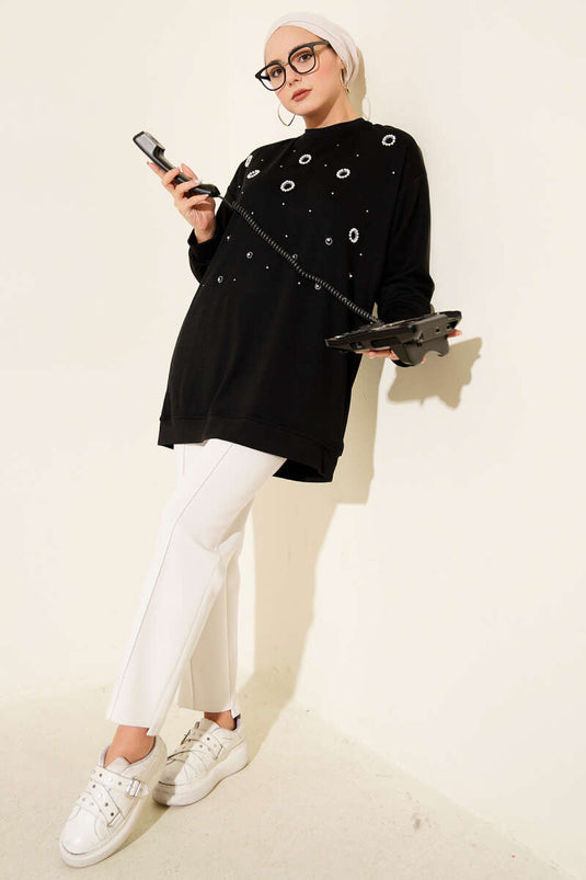 Loyşa Yuvarlak İncili Tunik Siyah