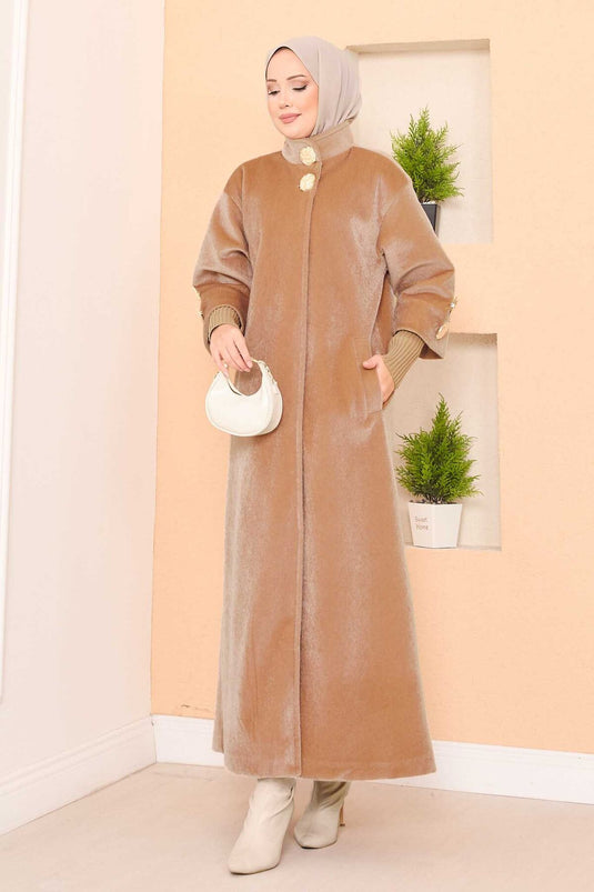 Manteau camel de luxe en angora à boutons dorés