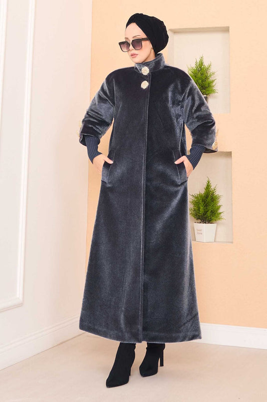 Manteau luxueux en angora à boutons dorés, couleur fumée