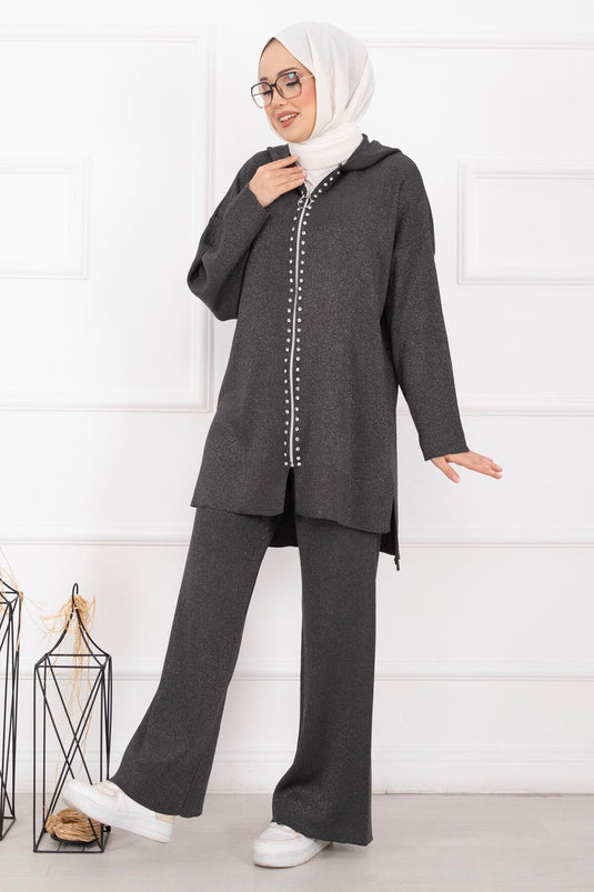 طقم ثنائي من التريكو اللامع المزود بشريط حجري فاخر، أنثراسيت