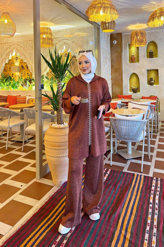 Luxury Stone Striped Glittery Knitwear Two Piece Set Brown