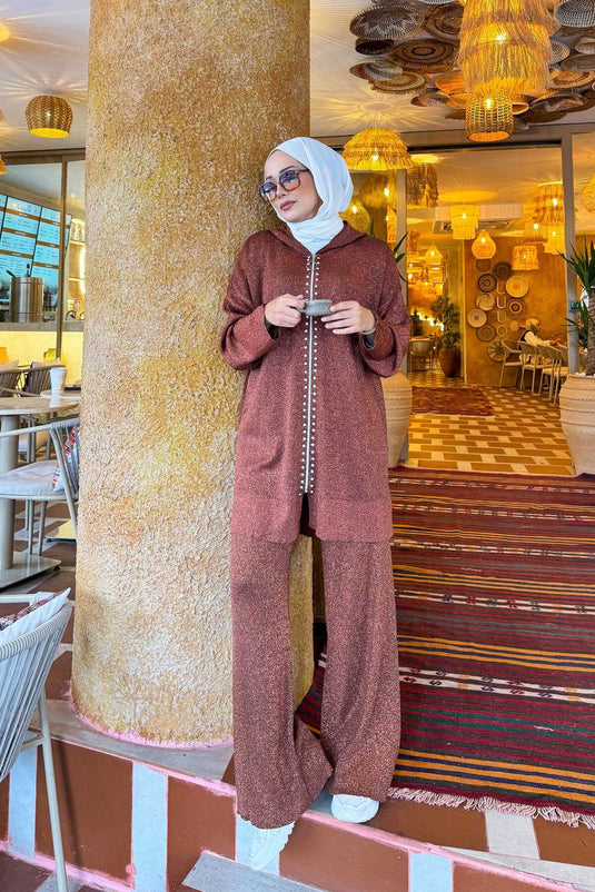 Ensemble deux pièces en tricot pailleté à rayures de luxe marron