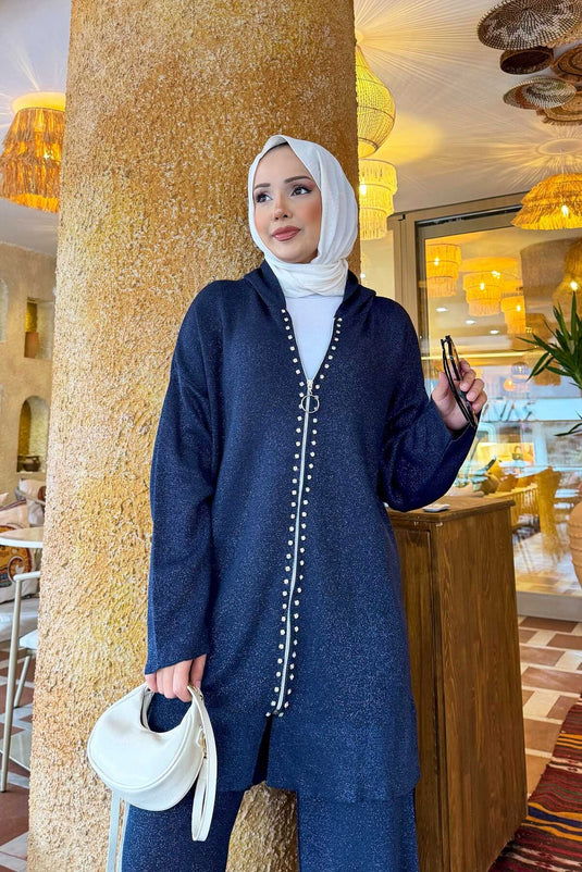 Costume deux pièces luxueux en tricot pailleté à rayures bleu marine