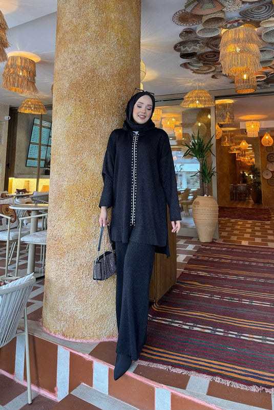 Ensemble deux pièces en tricot pailleté à rayures de luxe noir