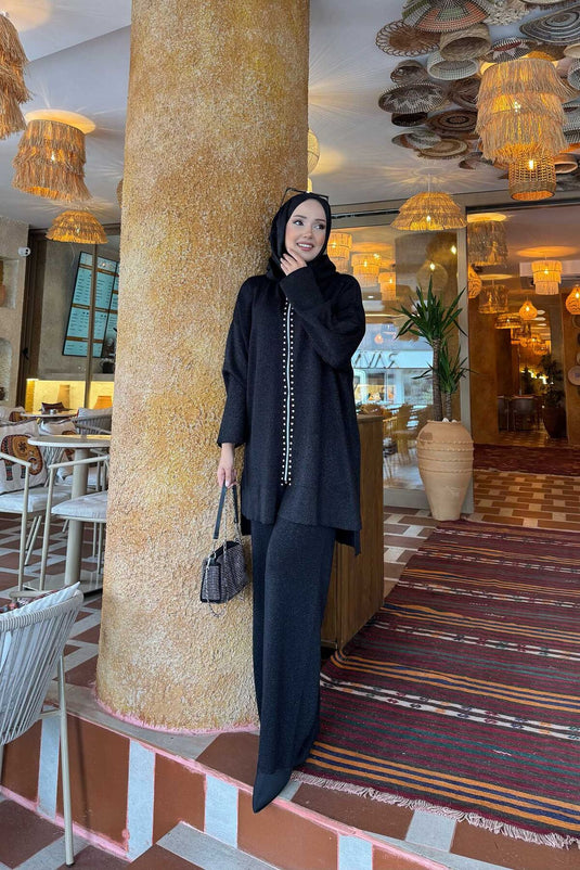 Lüks Taş Şeritli Simli Triko İkili Takım Siyah