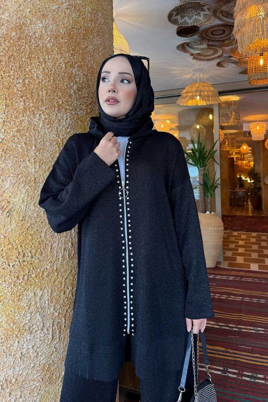 Ensemble deux pièces en tricot pailleté à rayures de luxe noir