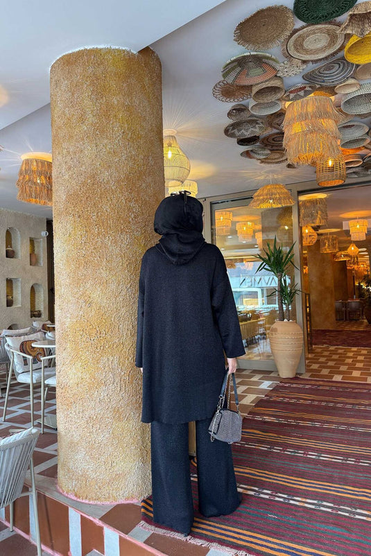 Lüks Taş Şeritli Simli Triko İkili Takım Siyah