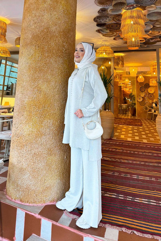 Ensemble deux pièces en tricot pailleté à rayures de luxe Stone