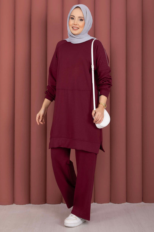 Luna Stone Detailed Oysho Two-Piece Set Burgundy