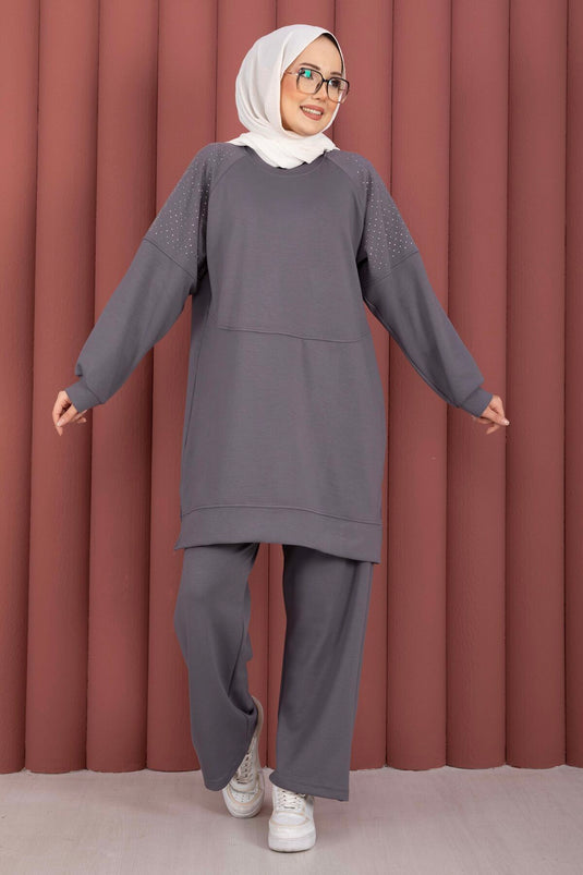 طقم أويشو المزدوج بتفاصيل حجر القمر رمادي