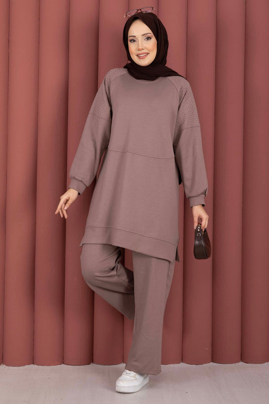 Luna Stone Detailed Oysho Two-Piece Set Mink