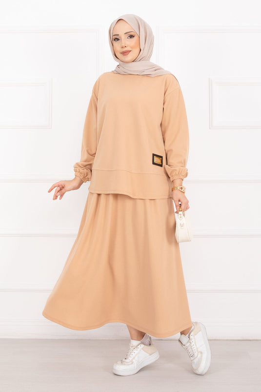 Luvia Goldverziertes Rock-Hijab-Set in Kamel