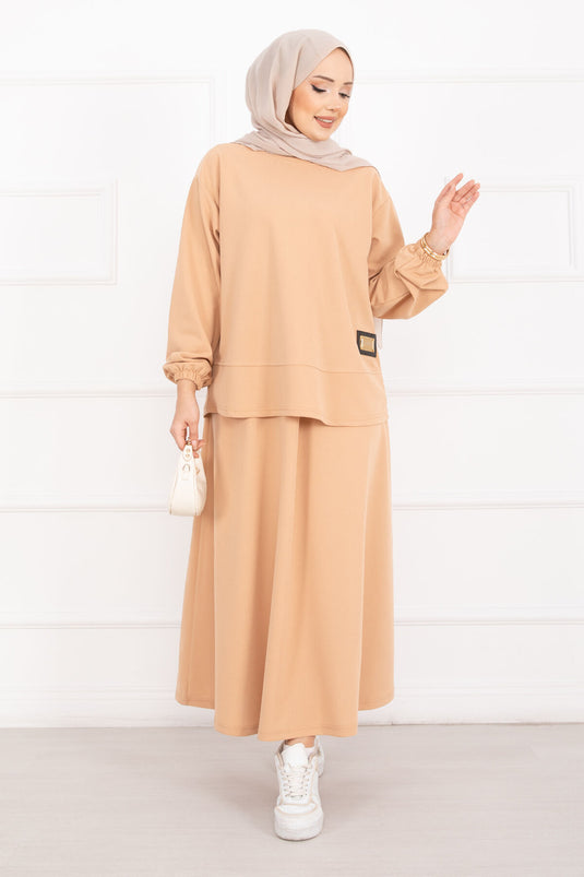 Luvia Gold Embellished Skirt Hijab Set in Camel