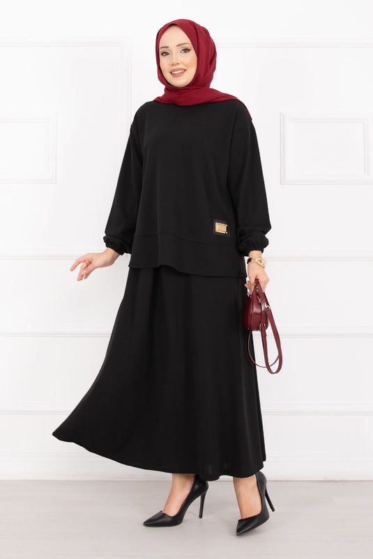 Luvia Gold Embellished Skirt Hijab Set, Black