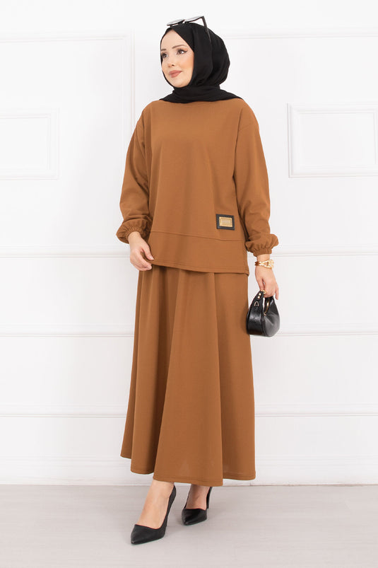 Luvia Gold Embellished Skirt Hijab Set in Tan