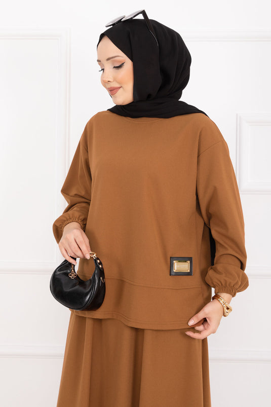 Luvia Gold Embellished Skirt Hijab Set in Tan