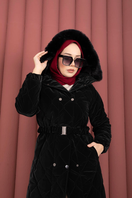 Luxe Kemerli Kürk Kapüşonlu Nova Kaban Siyah