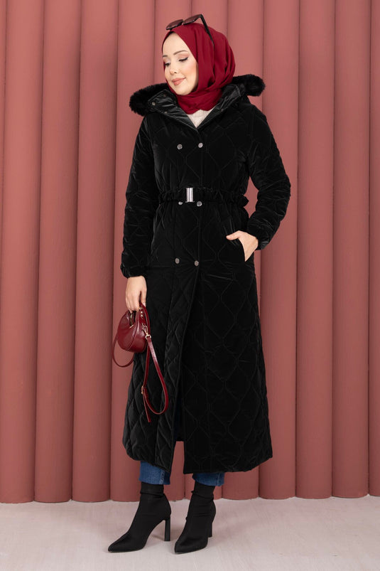 Luxe Kemerli Kürk Kapüşonlu Nova Kaban Siyah