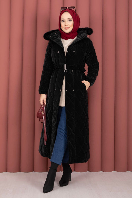 Luxe Kemerli Kürk Kapüşonlu Nova Kaban Siyah