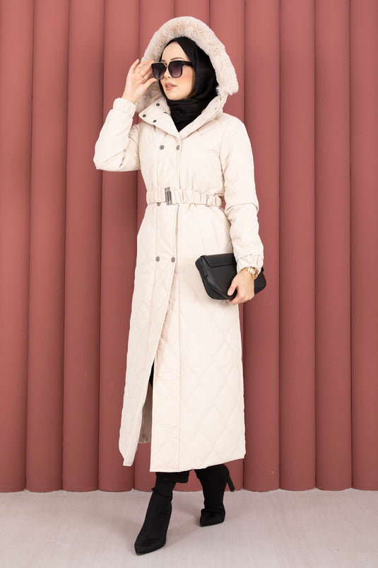 Luxe Kemerli Kürk Kapüşonlu Nova Kaban Taş