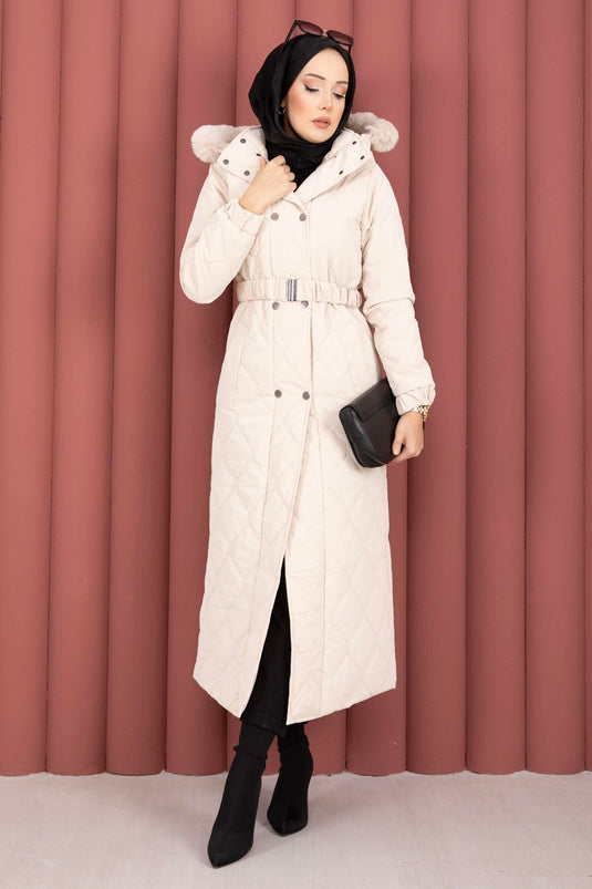 Luxe Kemerli Kürk Kapüşonlu Nova Kaban Taş