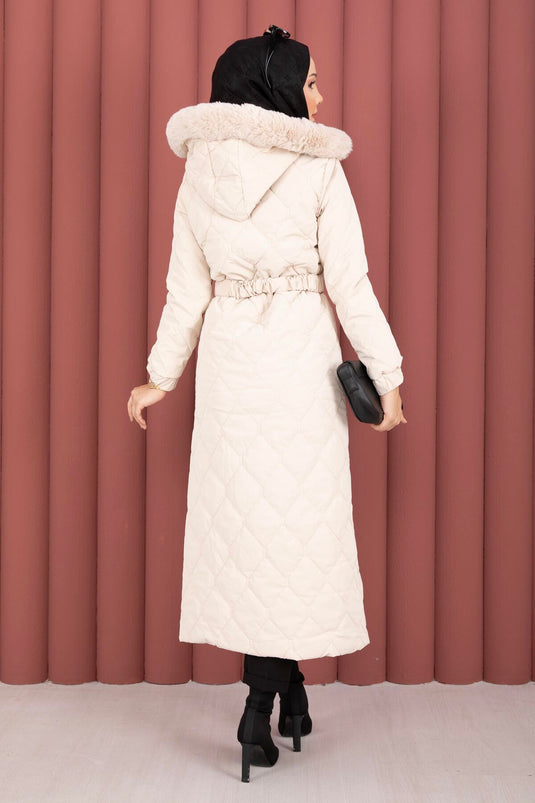 Luxe Kemerli Kürk Kapüşonlu Nova Kaban Taş