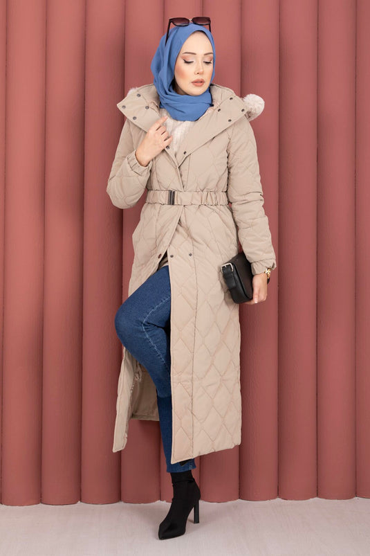 Luxe Kemerli Kürk Kapüşonlu Nova Kaban Vizon