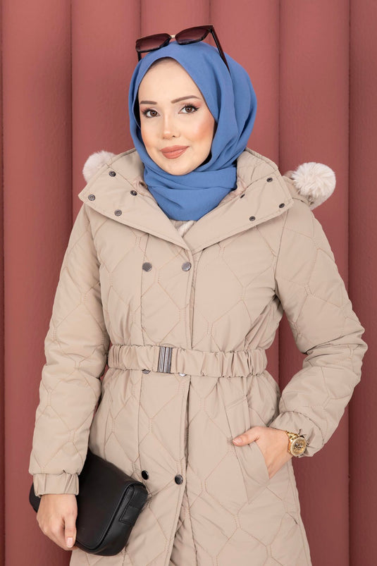 Luxe Kemerli Kürk Kapüşonlu Nova Kaban Vizon