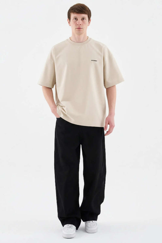 Machinist Geborduurd Oversized Heren T-shirt Beige