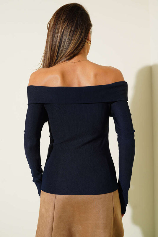 Madonna Cross Neck Blouse Navy Blue