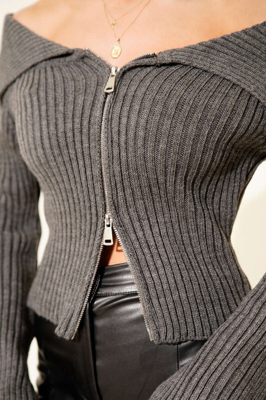 Madonna Collar Zip-Up Cardigan, Dark Gray
