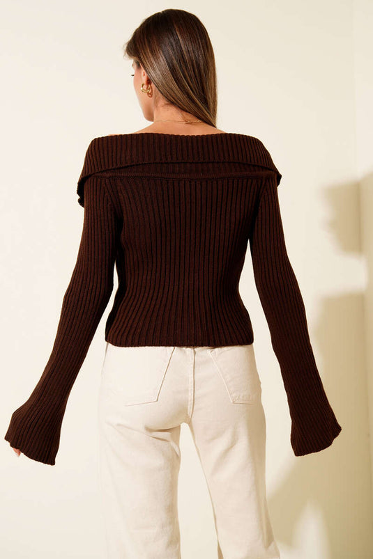 Madonna Collar Zip-Up Cardigan, Coffee