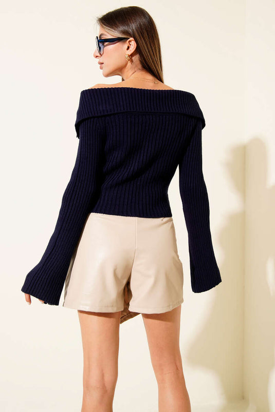 Madonna Collar Zip-Up Cardigan Navy Blue