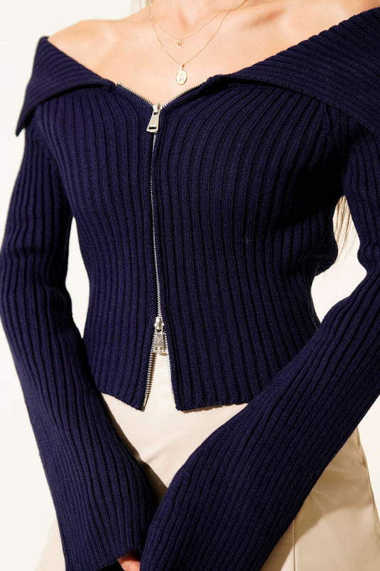 Madonna Collar Zip-Up Cardigan Navy Blue