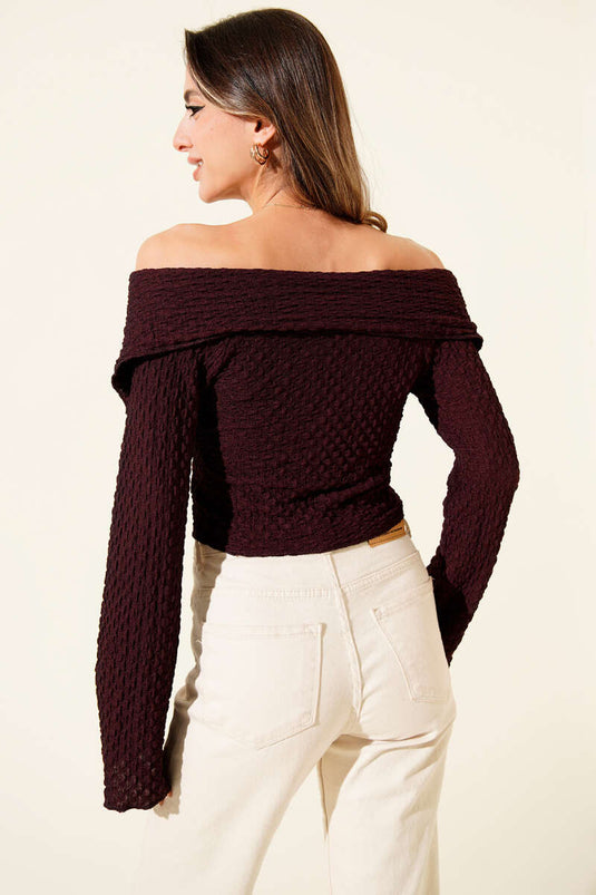 بلوزة وافل بياقة مادونا، لون برقوقي