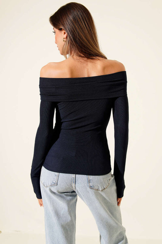 Madonna Neckline Belt Detail Blouse Navy Blue