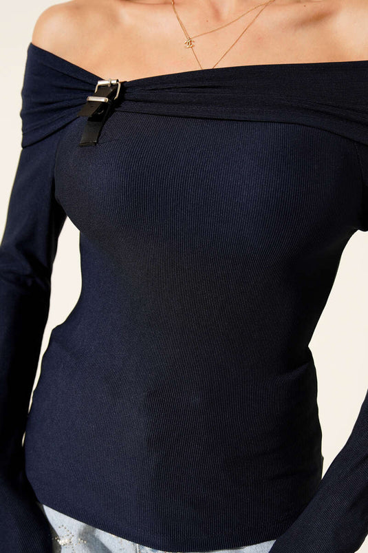 Madonna Neckline Belt Detail Blouse Navy Blue