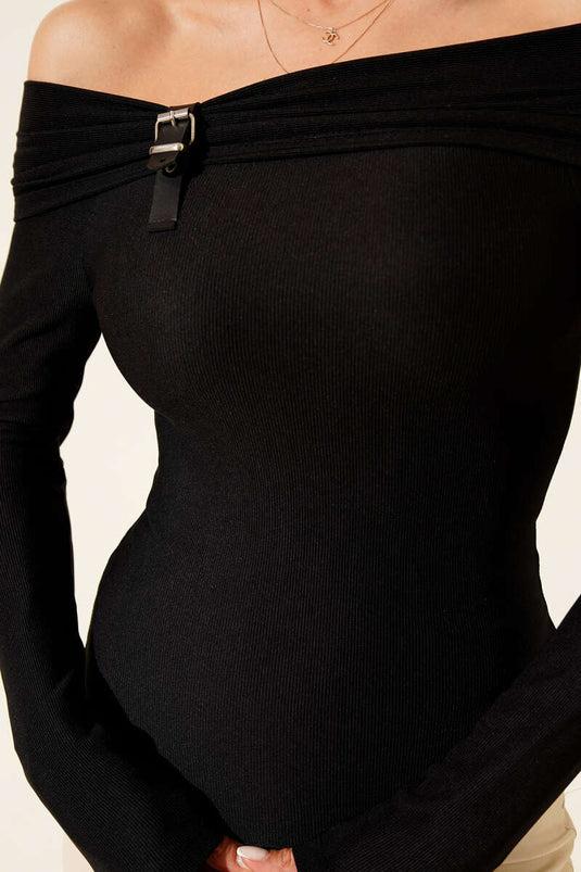 Blouse met Madonna-halslijn en riemdetail, zwart