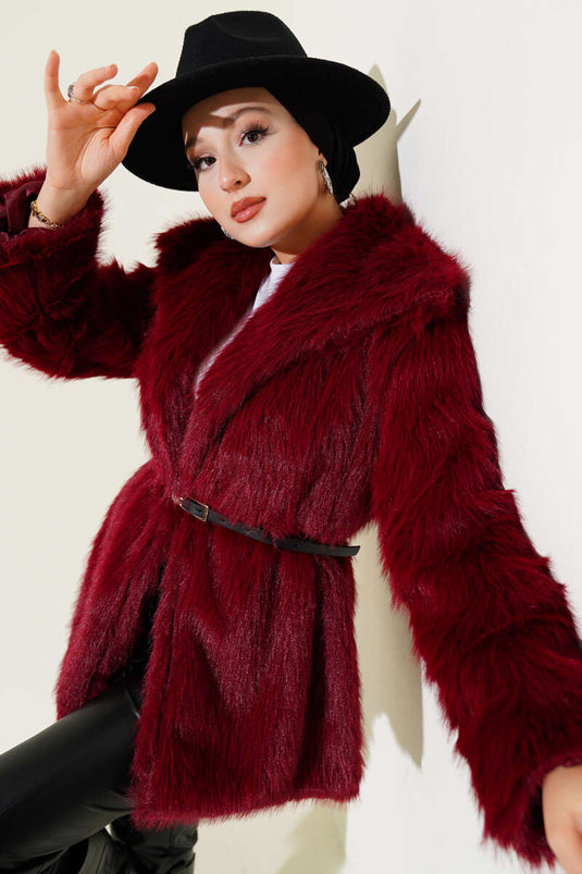 Madonna Yaka Kemerli Kürk Mont Bordo