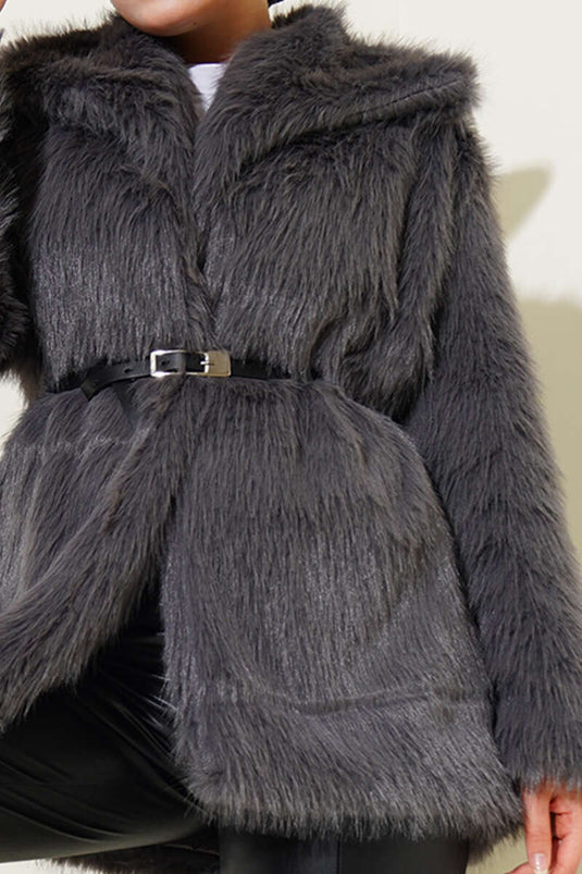 Madonna Collar Belted Fur Coat Smoke