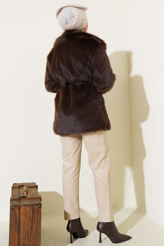 Madonna kraag ceintuur bontjas bruin