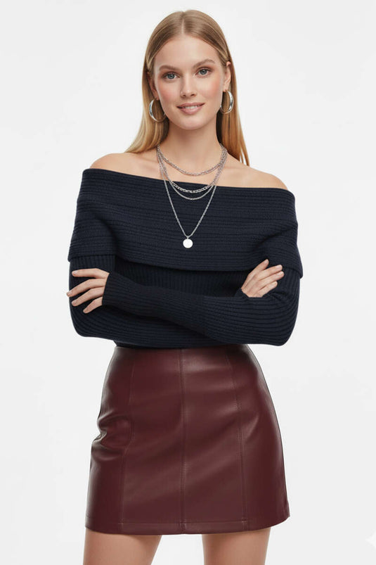 Madonna Collar Knit Sweater Navy Blue