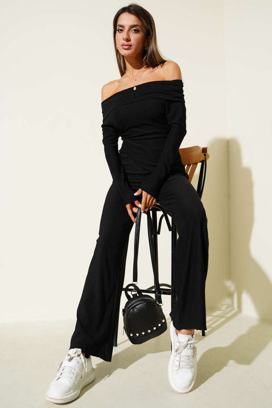 Madonna Collar Long-Sleeved Two-Piece Set, Black