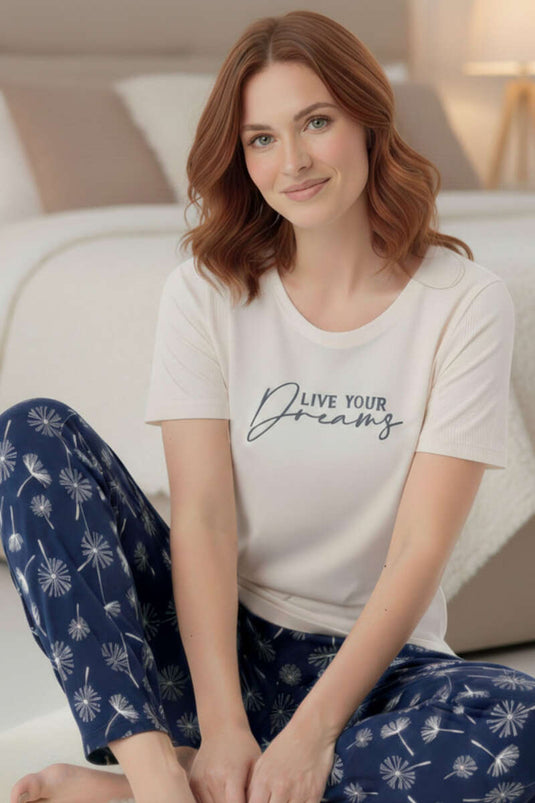 Magic Time Printed Short-Sleeve Pajama Set Beige Navy Blue