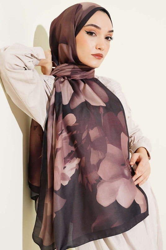 Manolya Desenli Şal Siyah Latte